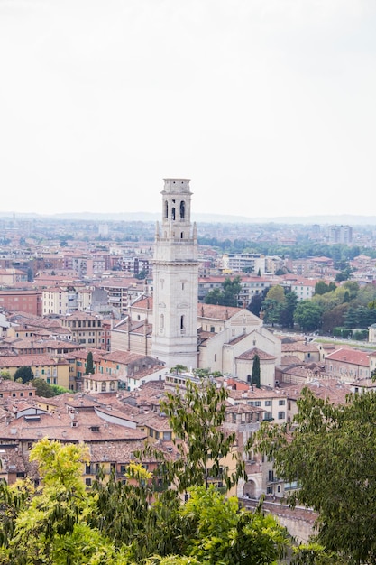 Beautiful view of the panorama of Verona and the Lamberti tower on the banks of the Adige River in V