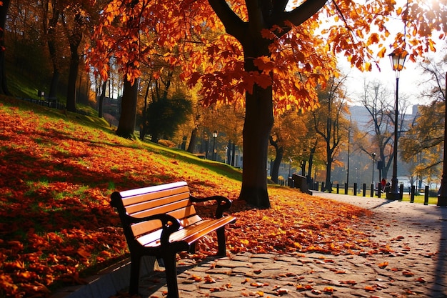 A beautiful view of a park with a lake in autumn