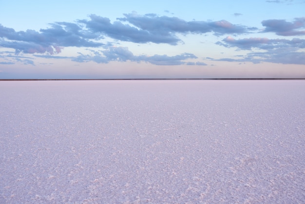 Beautiful view of a pink salt lake at sunset