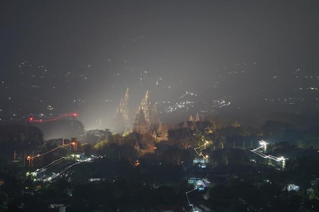 the beautiful view of prambanan temple at night