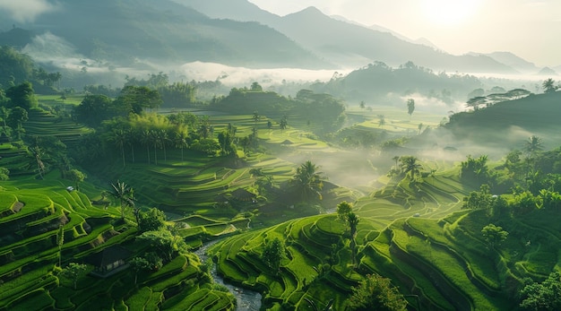 a beautiful view of the rice fields in the morning