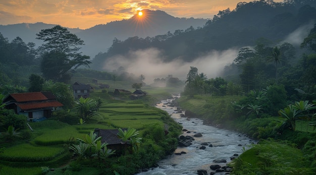 a beautiful view of the rice fields in the morning