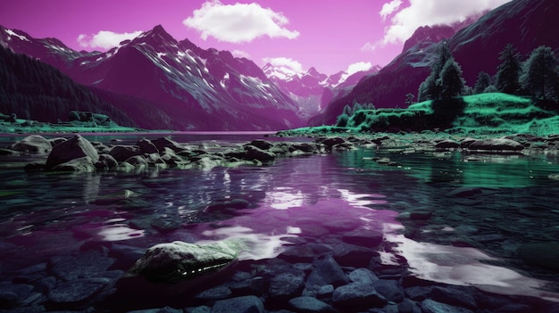배경과 색으로 산의 중간에 강의 아름다운 풍경