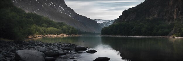 Beautiful view of the river and mountains panorama