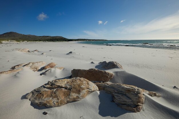 Beautiful view of the rocks on the sandy beach on the coast in Western Cape