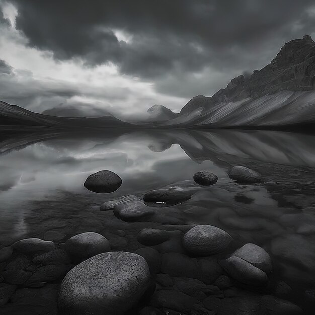 a beautiful view of the rocky mountain in the lake under a cloudy sky