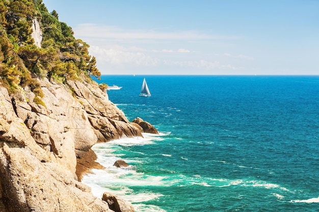 Beautiful view of the sea and cliffs. Ligurian coast, Italy