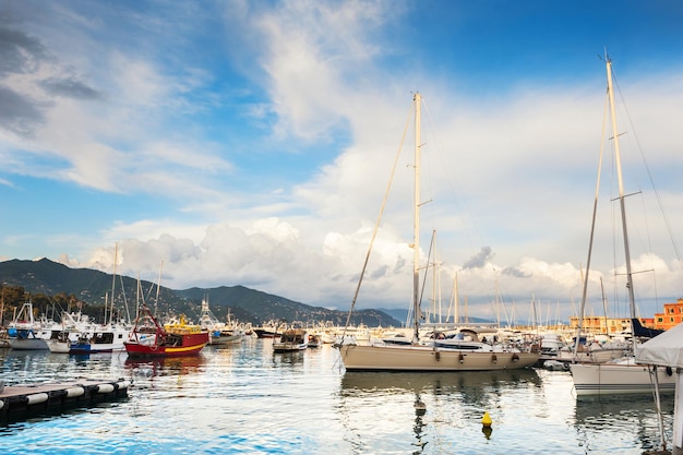 Beautiful view of the sea coast with yachts at sunset. Santa Margherita Ligure, Italy