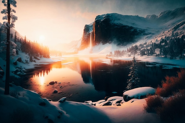 A beautiful view of a snowy landscape with a lake and a frozen waterfall in the background