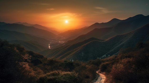 AIが生成した山に沈む夕日の美しい景色