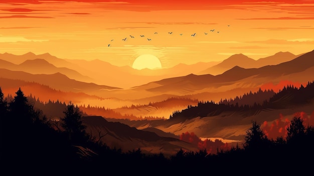 AIが生成した山に沈む夕日の美しい景色