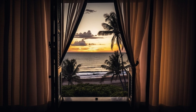 Beautiful view of the sunset sea from the open window