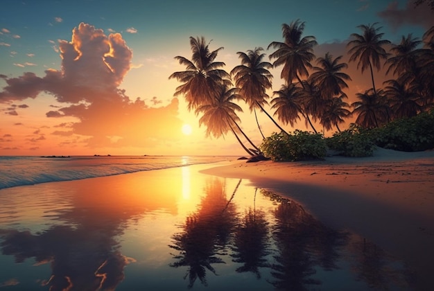 Beautiful view of sunset with coconut trees generative ai