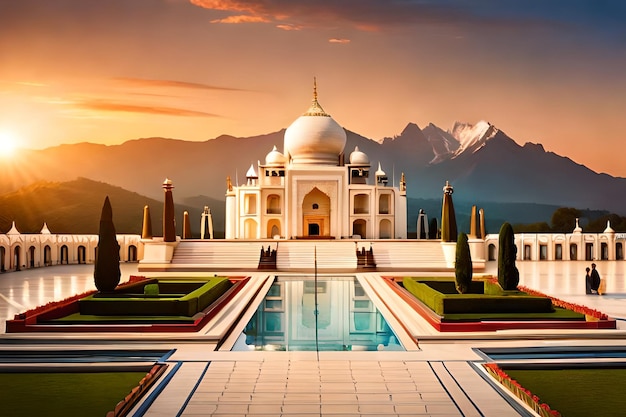 A beautiful view of taj mahal with mountains in the background