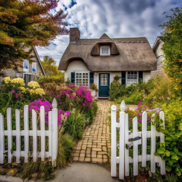 Beautiful view of a thatched cottage in the middle of the garden