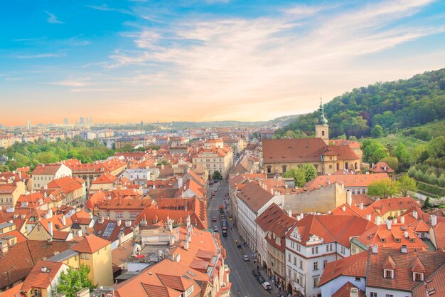 Beautiful view of tiled roofs in prague's historic district, czech republic