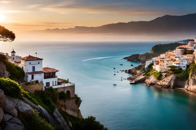 A beautiful view of a town and the ocean