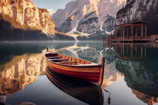 ドロミテ ジェネレーティブ AI のブラーイエス湖にある伝統的な木造手漕ぎボートの美しい景色