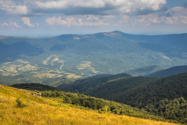 Beautiful view of the Ukrainian Carpathians to the mountains and valleys Rocky peaks and wood