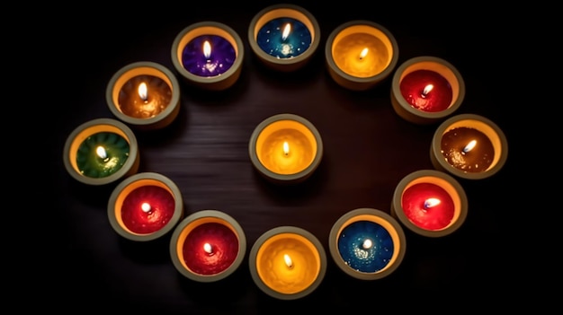 A beautiful view of various colored dal lighting designs with candles for diwali