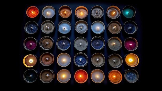 A beautiful view of various colored dal lighting designs with candles for Diwali