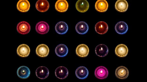 A beautiful view of various colored dal lighting designs with candles for Diwali