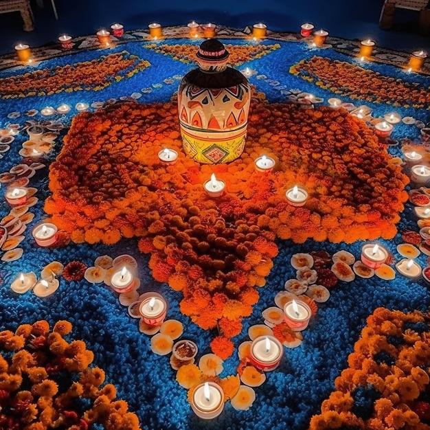 A beautiful view of various colored dal lighting designs with candles for Diwali