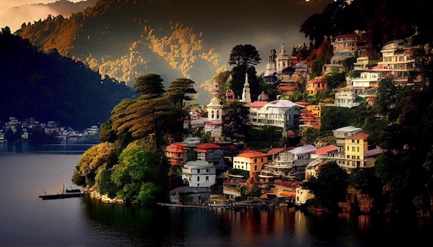 A beautiful view of a village on the lake