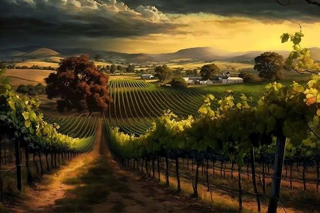 Beautiful view of the vineyards in the evening