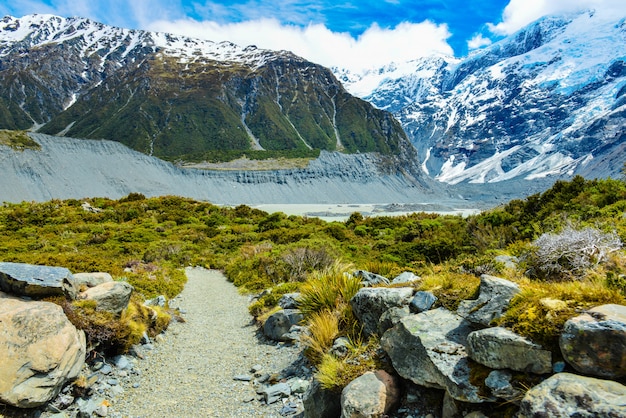 マウント・クック国立公園、南島、ニュージーランドの氷河への散歩中に美しい景色