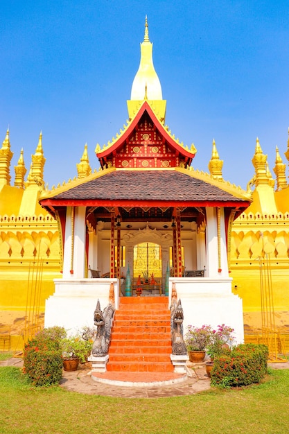 A beautiful view of Wat Pha That Luang temple located in Vientiane Laos