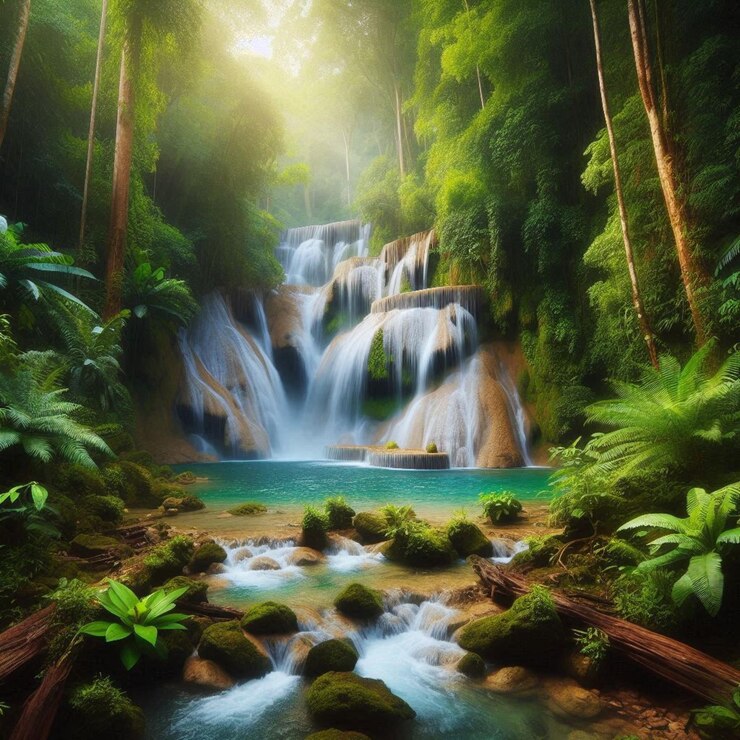 A beautiful view of waterfall in lush forest