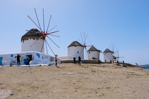 Beautiful view of Windmills, the symbol of Mykonos at sunset, Greece