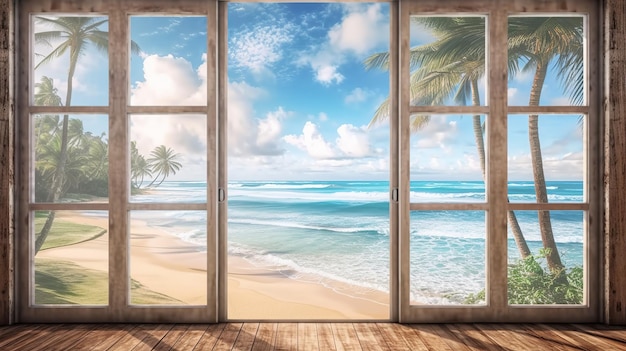 Фото Красивый вид из окна для роскошного дизайна образа жизни естественный фон складская иллюстрация летнее украшение природы с пальмой дизайн путешествия фон