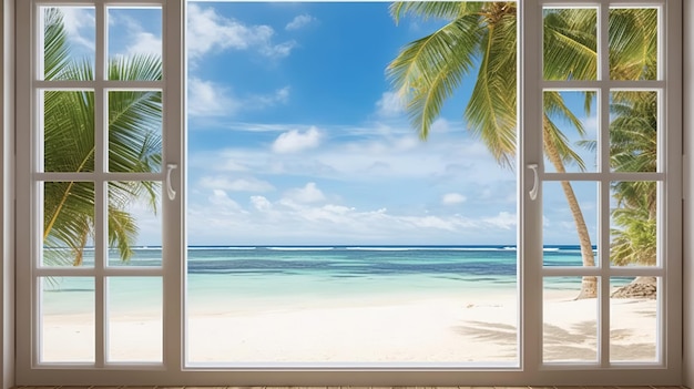 Beautiful view window for luxury lifestyle design Natural background Stock illustration Summer nature decoration with palm Travel Design background