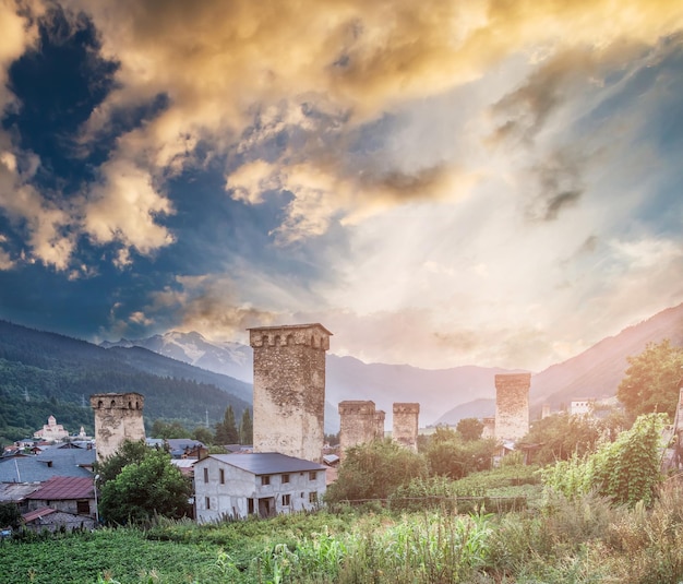 Beautiful view with Svan tower at sunset