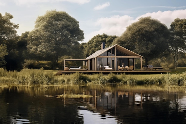 Прекрасный вид на деревянный дом на озере в сельской местности, созданный с помощью ИИ