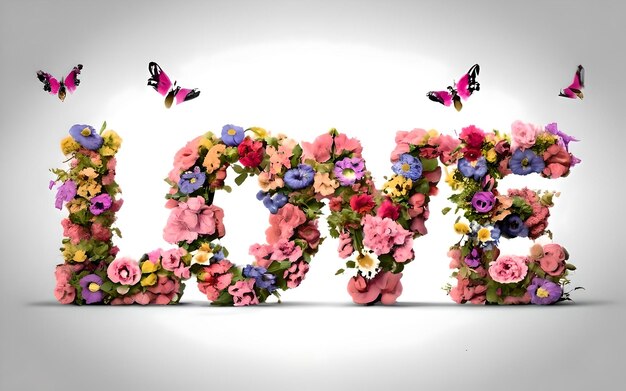 Photo beautiful view of the word love created from hearts flowers and butterflies