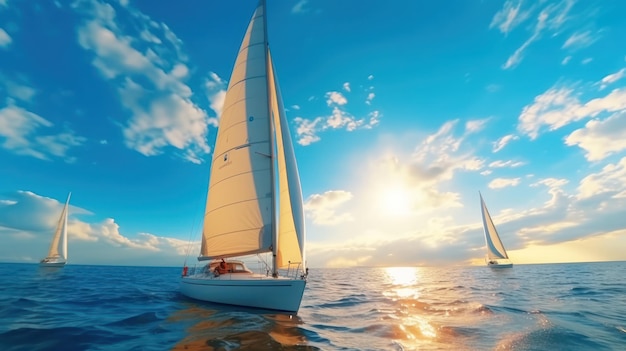 Beautiful view of yacht sailing in the sea with sunset