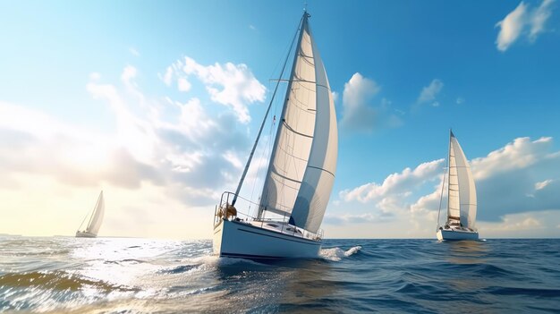 Beautiful view of yacht sailing in the sea with sunset