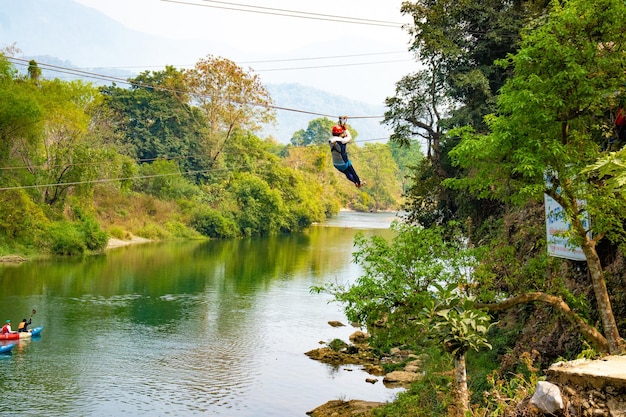 A beautiful view of zipline tourism atraction in Vang Vieng Laos