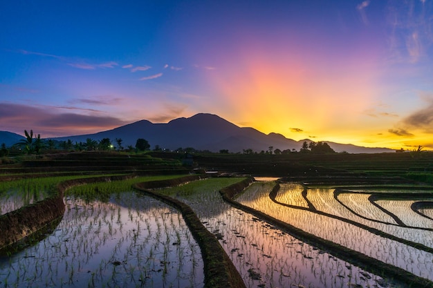 Splendide vedute del sole e della nebbia mattutina sulle montagne blu a bali indonesia