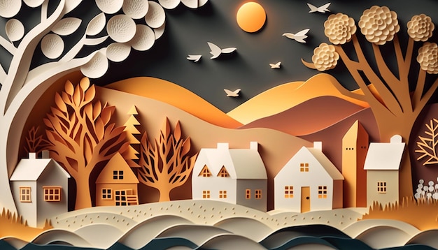 Beautiful village background in paper cut style Generative AI