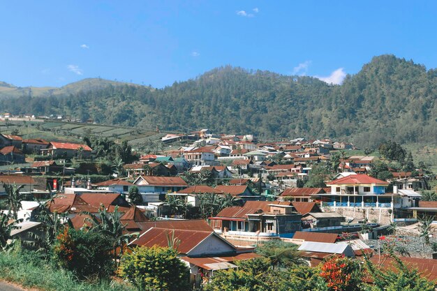 Beautiful Village on mountain with blue clear background in Tawangmangu Solo Indonesia