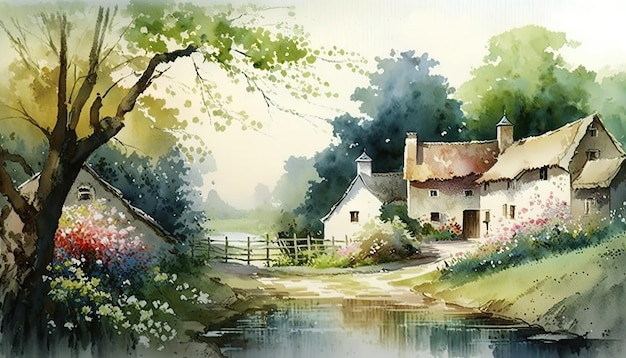 Beautiful village watercolor by generative AI