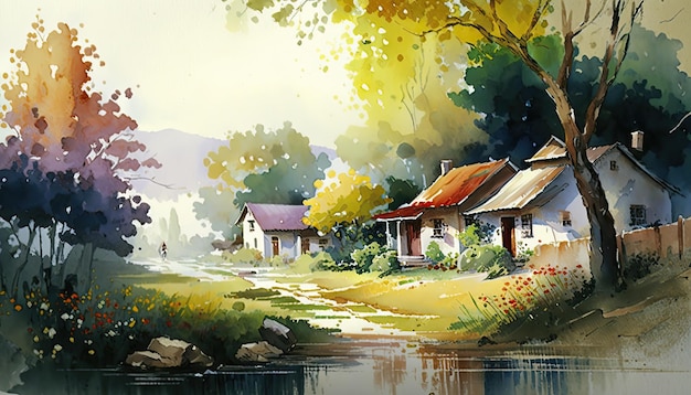 Beautiful village watercolor by generative AI