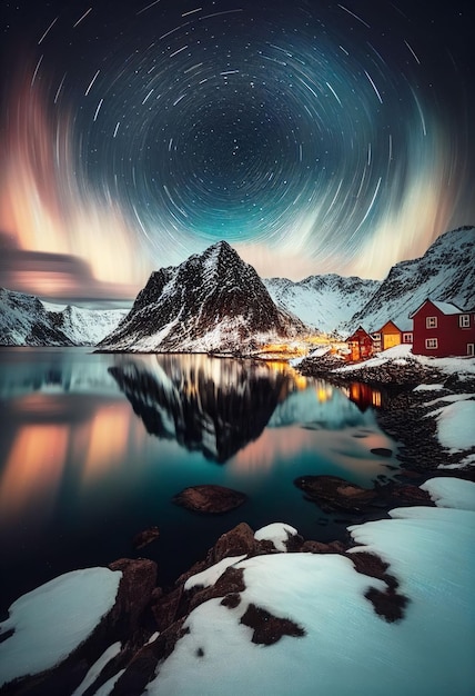 Beautiful village with aurora and star trail over night sky Created with Generative AI technology