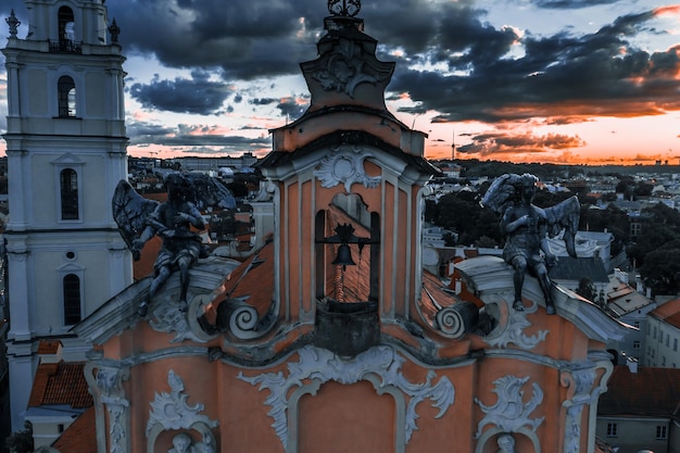 Beautiful Vilnius old city panorama at sunset. Magical sunset over the city. View form the old town near cathedral.