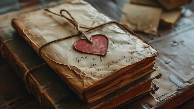 Foto un bellissimo libro vintage con un'etichetta rossa a forma di cuore legata con un pezzo di filo il libro è vecchio e ha le pagine ingiallite