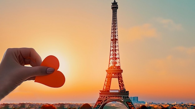 beautiful vintage card from Paris Eiffel tower and hand with paper heart at sunrise generative Ai